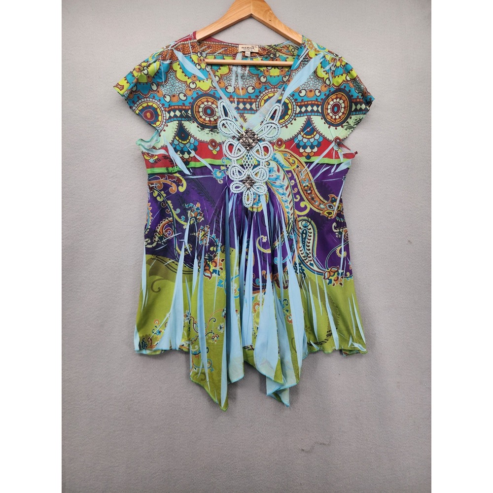 One World XL Paisley Mesh Tunic Top Crochet Butterfly V-Neck Sharkbite Hem Boho